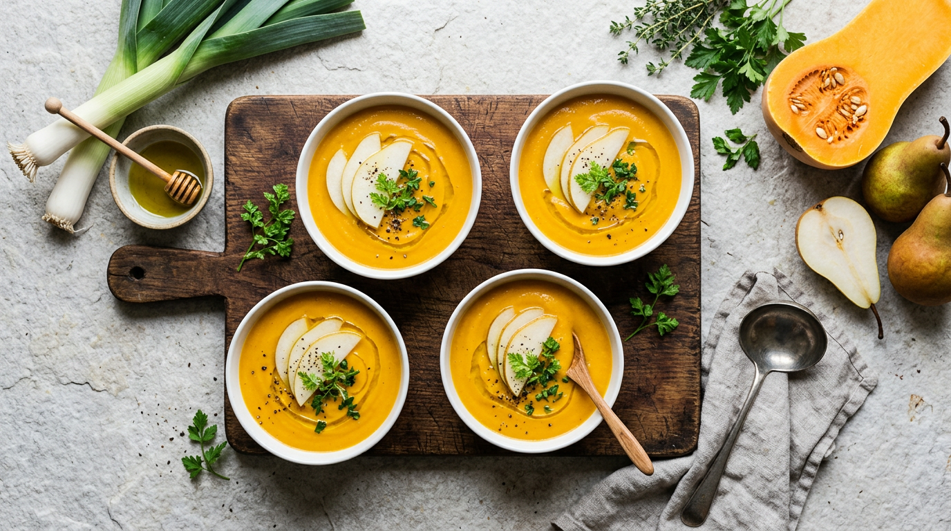 Quatre bols de velouté de potimarron garnis de lamelles de poire, posés sur une planche en bois, entourés de poireaux et de poires