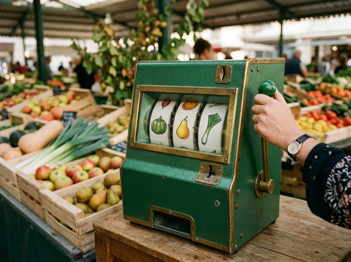 Une main tire la manette d'une petite machine verte à rouleaux, devant les cagettes d'un marché